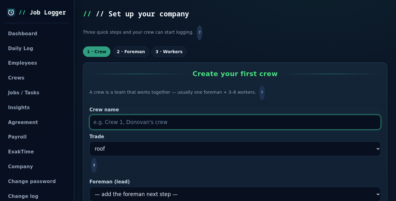 Job Logger 3-step company setup wizard — crew, foreman, workers